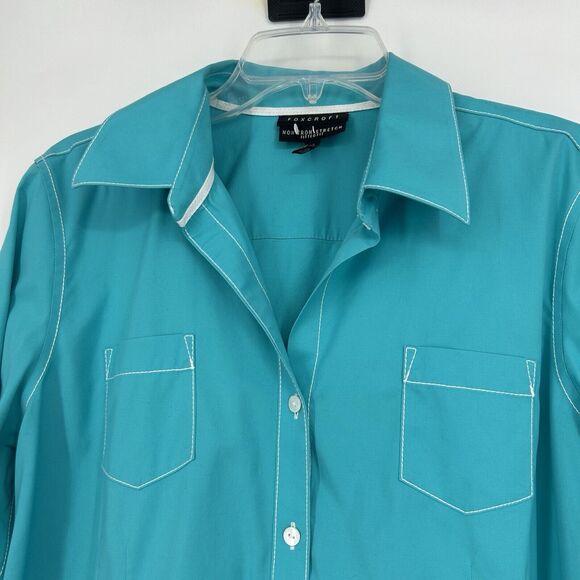 Foxcroft Non Iron Button Up Shirt Fitted Fit Blue 3/4 Roll Tab Sleeves Size 14 - Picture 2 of 10